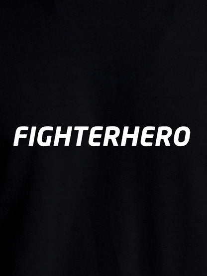 Close up of 'Fighterhero' design on Women's Black Round Neck T-shirt, highlighting intricate details and vibrant print.