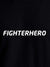 Close up of 'Fighterhero' design on Women's Black Round Neck T-shirt, highlighting intricate details and vibrant print.