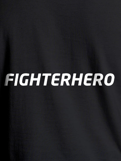 Close up of 'Fighterhero' design on Men's Dark Grey Round Neck T-shirt, highlighting intricate details and vibrant print.