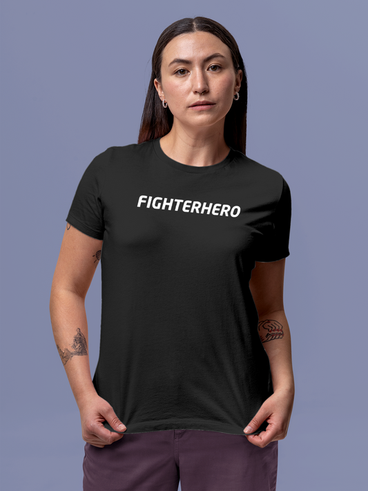 Model wearing Women's Charcoal Grey Round Neck T-shirt with 'Fighterhero' design, offering effortless style and premium comfort
