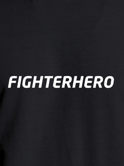 Close up of 'Fighterhero' design on Women's Dark Grey Round Neck T-shirt, highlighting intricate details and vibrant print.