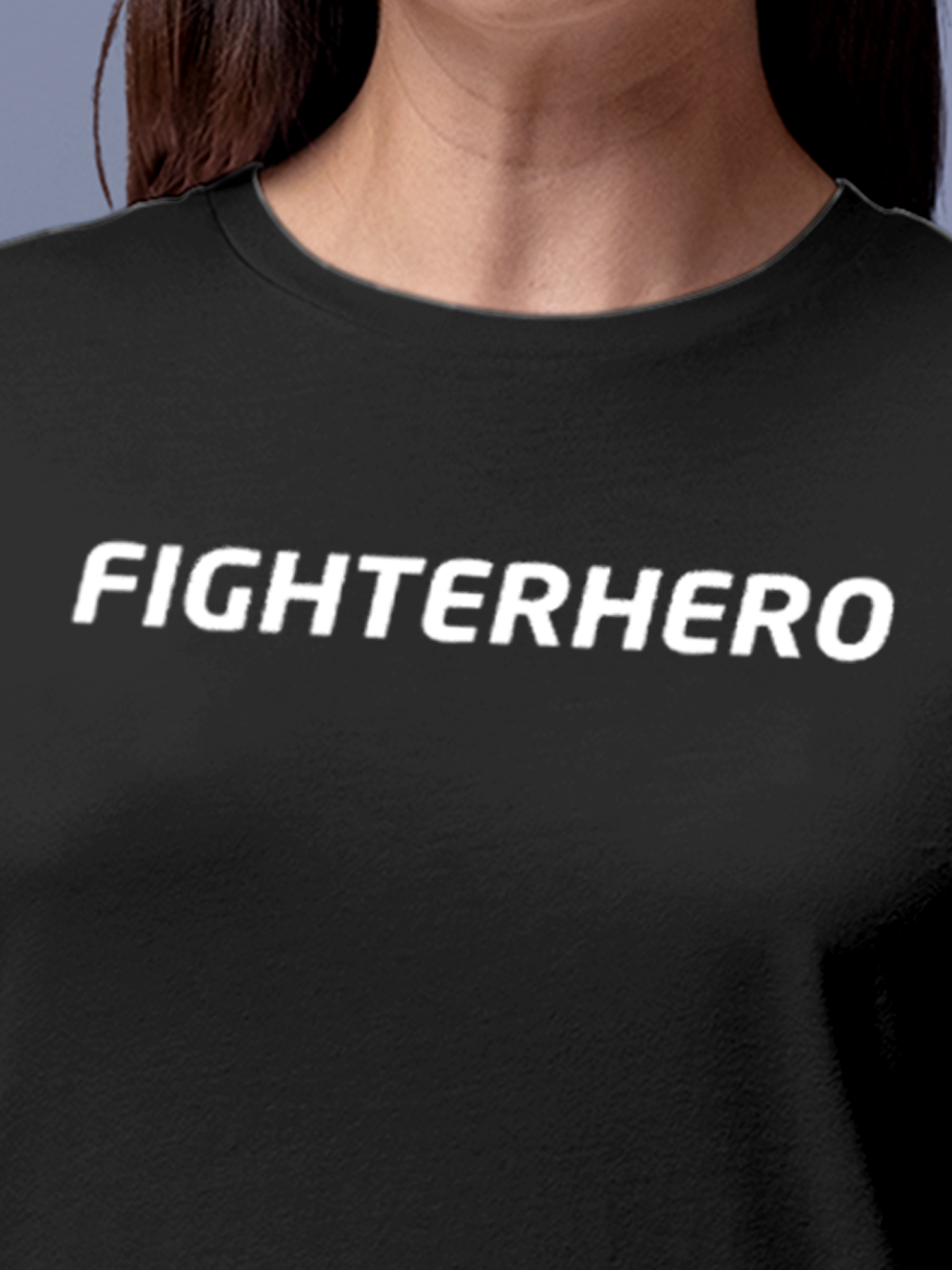 Close up of 'Fighterhero' design on Women's Charcoal Grey Round Neck T-shirt, highlighting intricate details and vibrant print.
