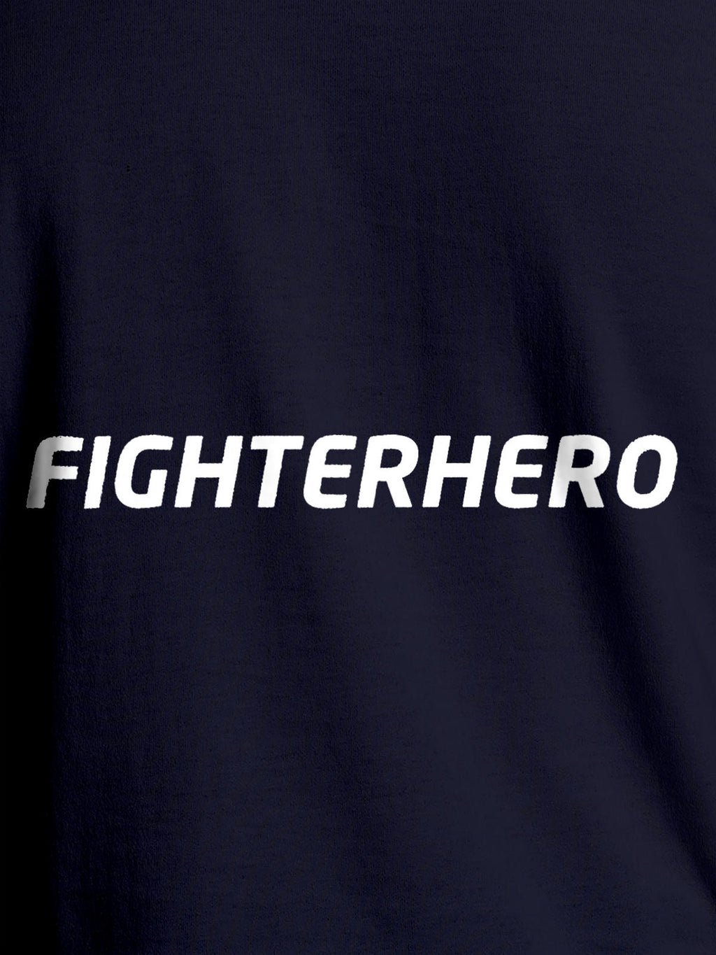 Close up of 'Fighterhero' design on Men's Navy Blue Round Neck T-shirt, highlighting intricate details and vibrant print.