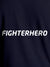 Close up of 'Fighterhero' design on Men's Navy Blue Round Neck T-shirt, highlighting intricate details and vibrant print.