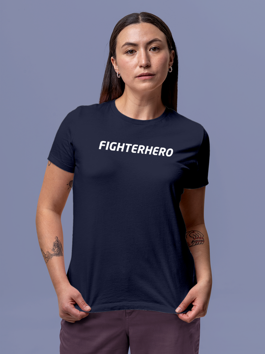 Model wearing Women's Navy Blue Round Neck T-shirt with 'Fighterhero' design, offering effortless style and premium comfort