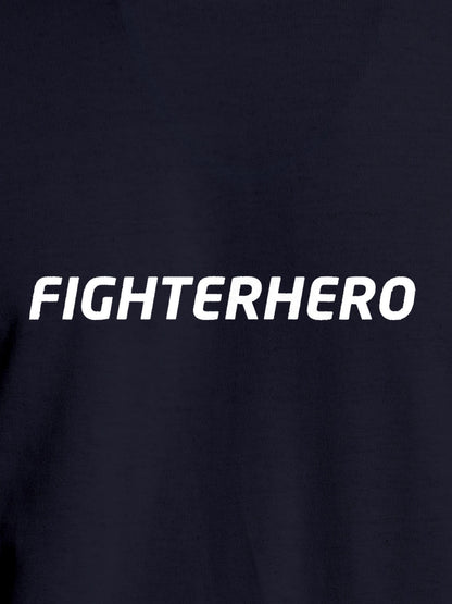 Close up of 'Fighterhero' design on Women's Navy Blue Round Neck T-shirt, highlighting intricate details and vibrant print.