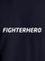 Close up of 'Fighterhero' design on Women's Navy Blue Round Neck T-shirt, highlighting intricate details and vibrant print.