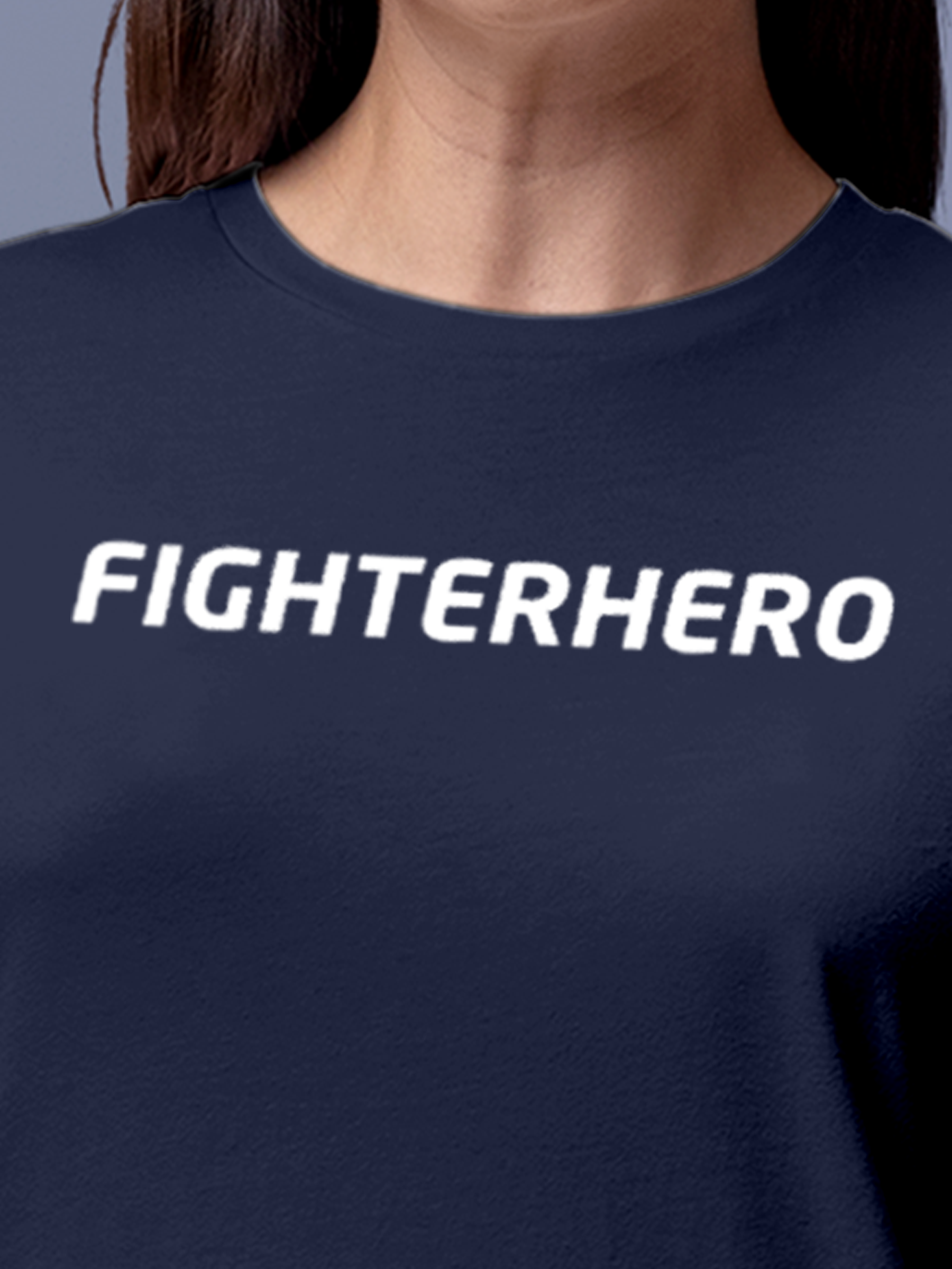 Close up of 'Fighterhero' design on Women's Navy Blue Round Neck T-shirt, highlighting intricate details and vibrant print.
