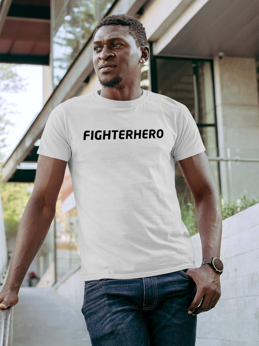 Model wearing Men's White Round Neck T-shirt with 'Fighterhero' design, offering effortless style and premium comfort