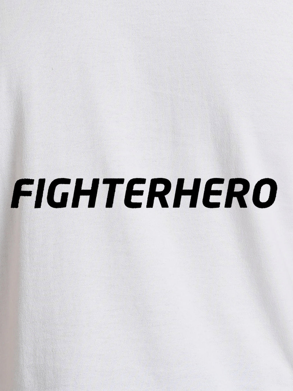 Close up of 'Fighterhero' design on Men's White Round Neck T-shirt, highlighting intricate details and vibrant print.