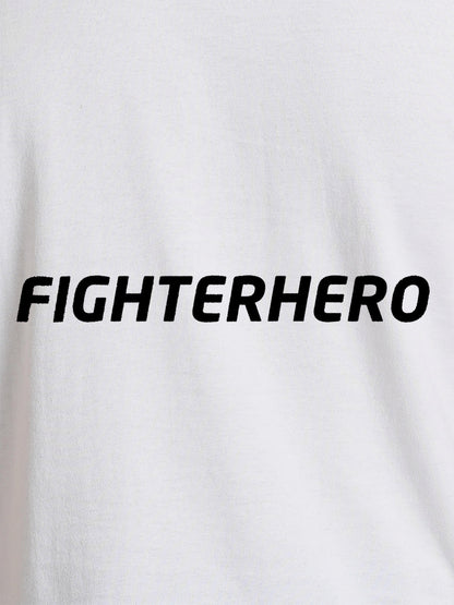 Close up of 'Fighterhero' design on Men's White Round Neck T-shirt, highlighting intricate details and vibrant print.