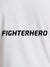 Close up of 'Fighterhero' design on Men's White Round Neck T-shirt, highlighting intricate details and vibrant print.