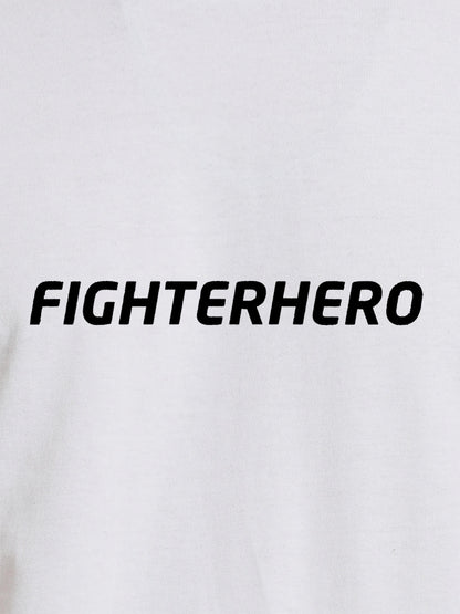 Close up of 'Fighterhero' design on Women's White Round Neck T-shirt, highlighting intricate details and vibrant print.