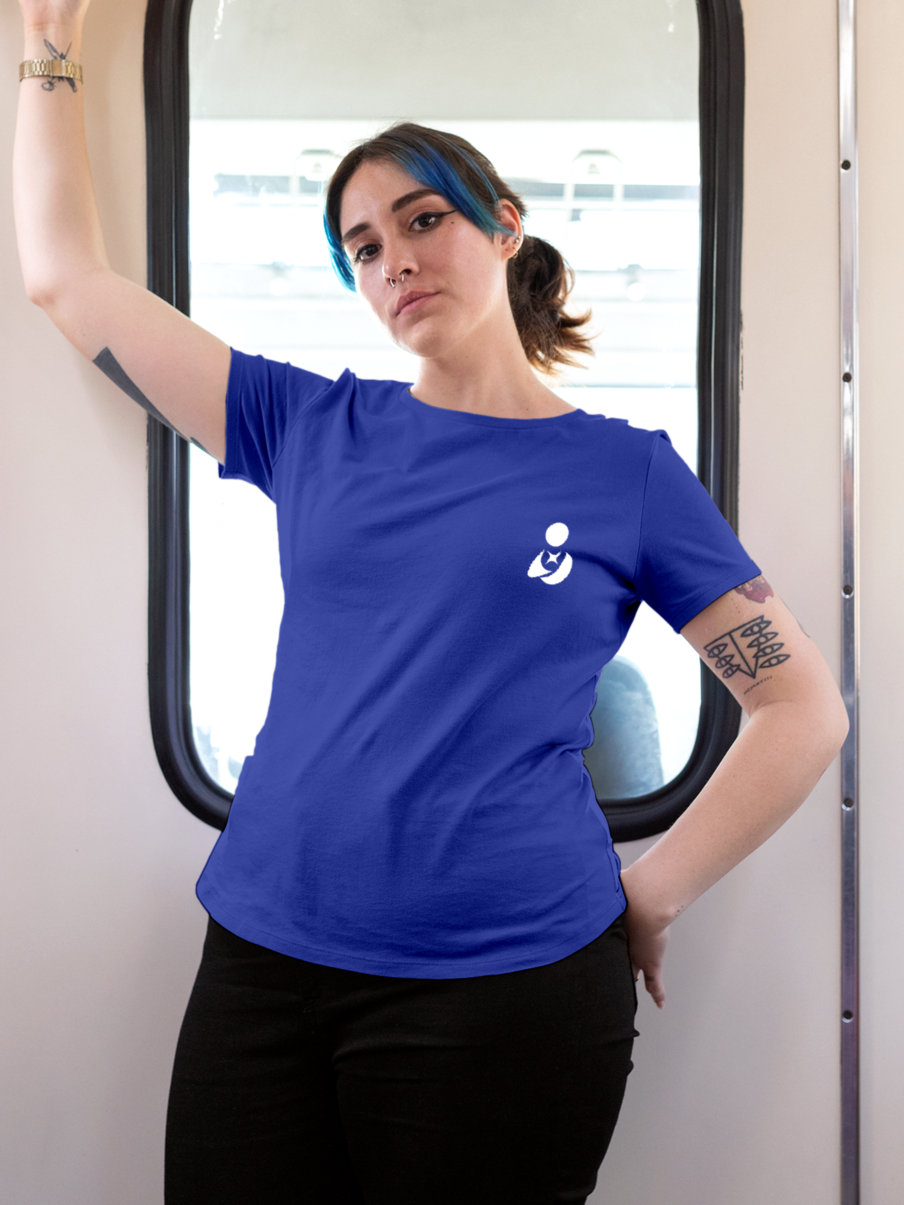 Model wearing Women's Blue Round Neck T-shirt with Fighterhero Logo, offering effortless style and premium comfort