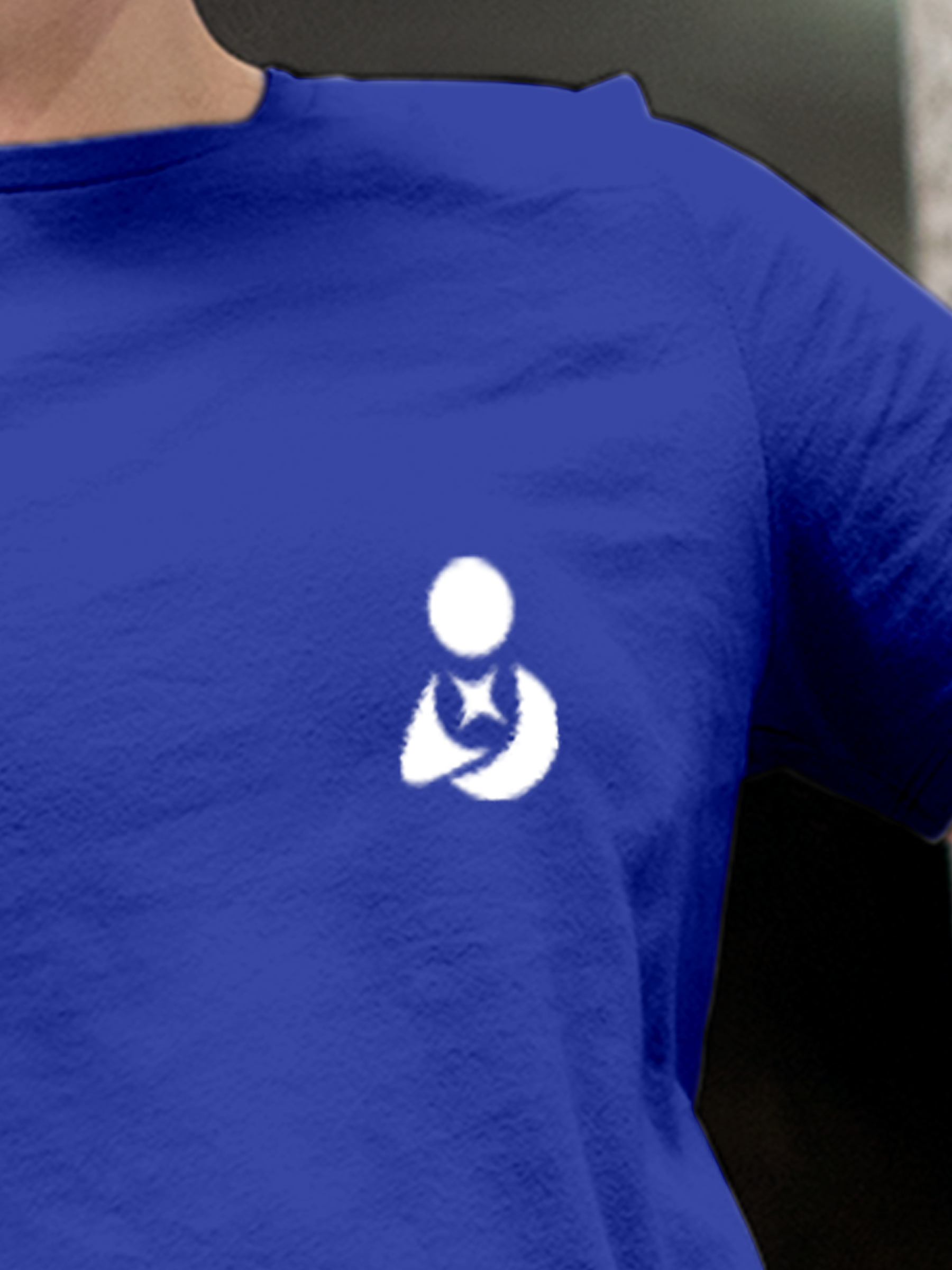 Close up of 'Fighterhero Logo' on Women's Blue Round Neck T-shirt, highlighting intricate details and vibrant print.