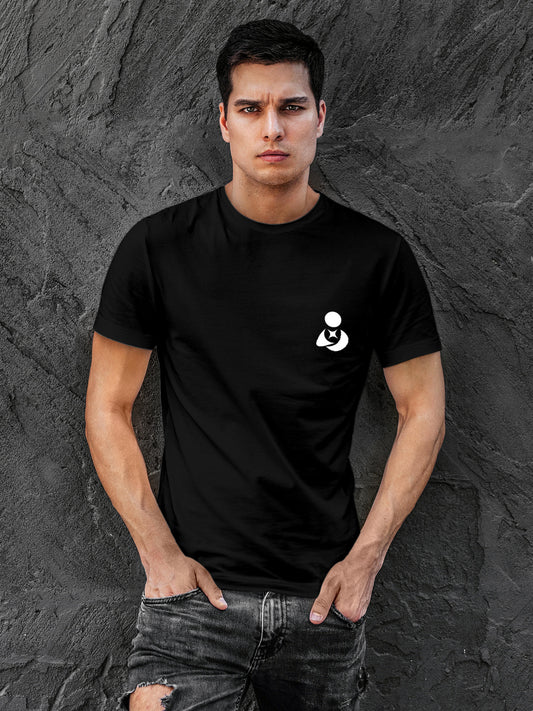 Model wearing Men's Black Round Neck T-shirt with 'Fighterhero Logo' design, offering effortless style and premium comfort