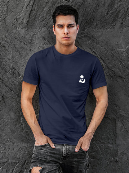 Model wearing Men's Navy Blue Round Neck T-shirt with 'Fighterhero Logo' design, offering effortless style and premium comfort