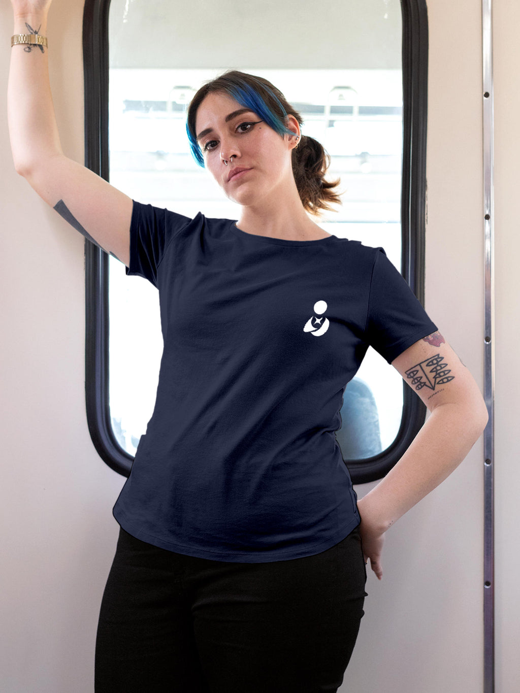 Model wearing Women's Navy Blue Round Neck T-shirt with 'Fighterhero Logo' design, offering effortless style and premium comfort