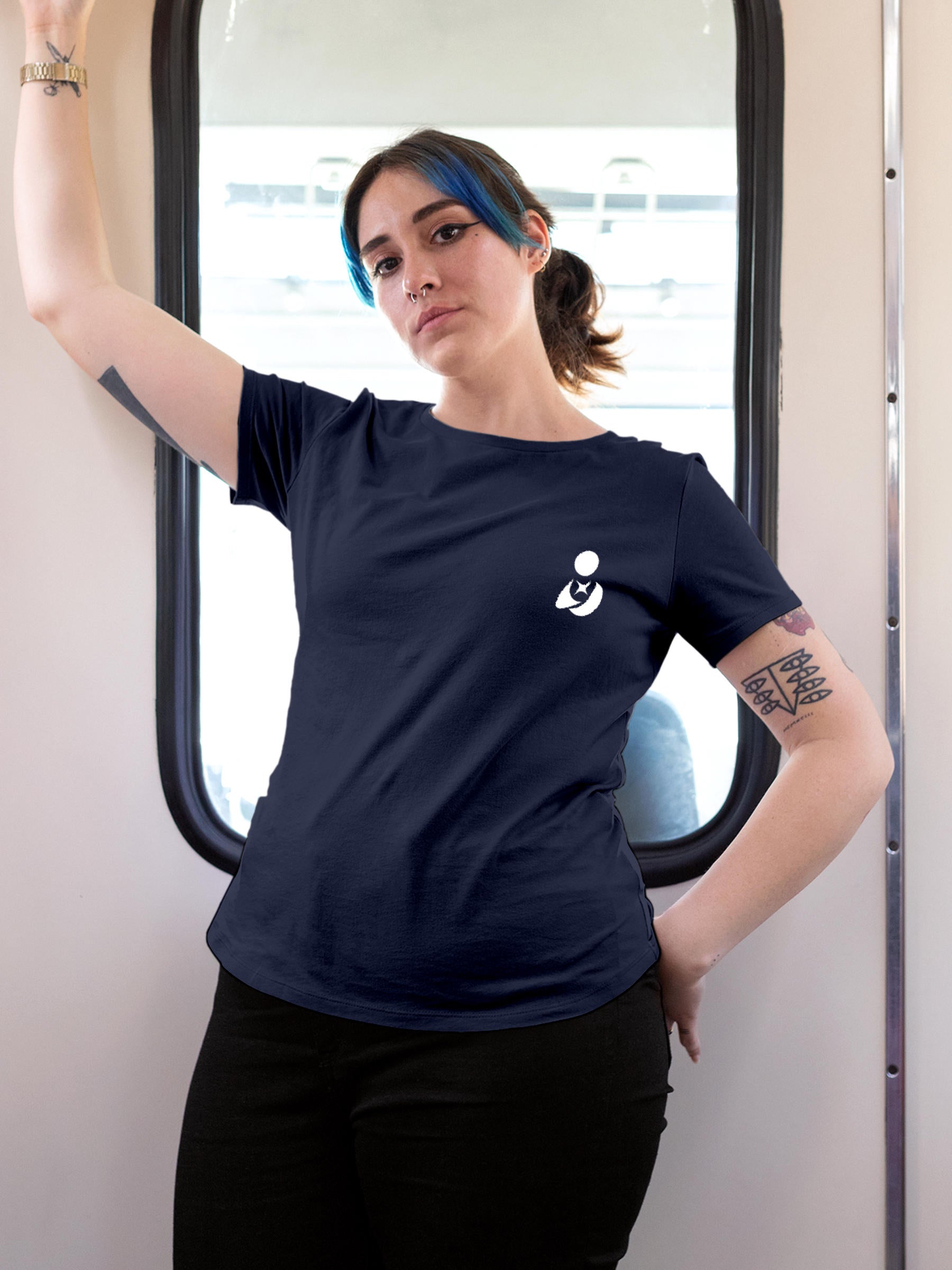 Model wearing Women's Navy Blue Round Neck T-shirt with 'Fighterhero Logo' design, offering effortless style and premium comfort