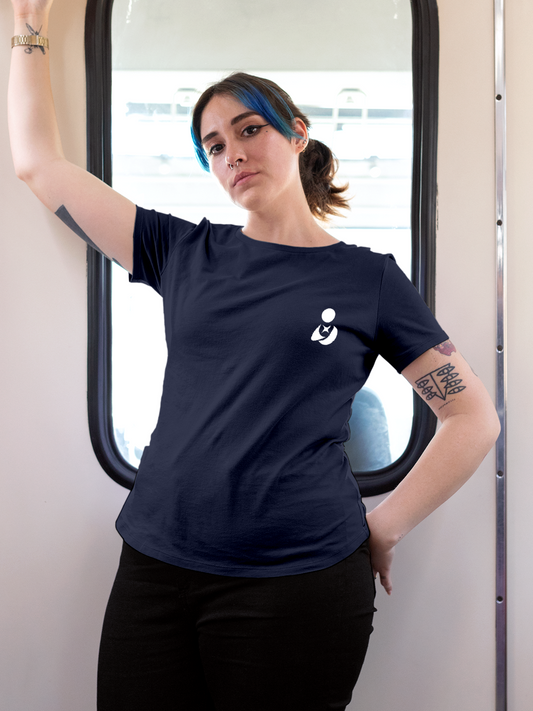 Model wearing Women's Navy Blue Round Neck T-shirt with Fighterhero Logo, offering effortless style and premium comfort