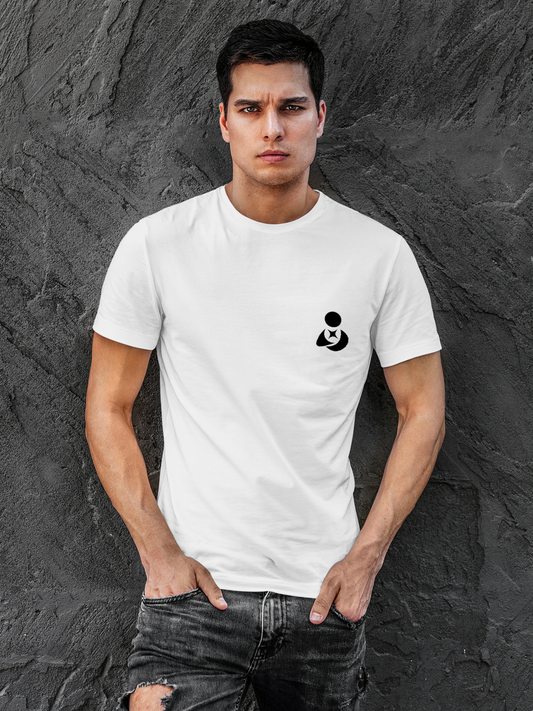 Model wearing Men's White Round Neck T-shirt with Fighterhero Logo, offering effortless style and premium comfort