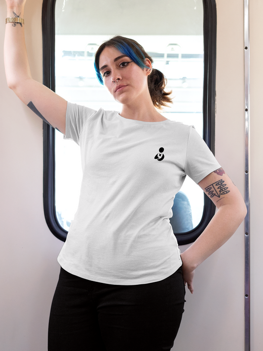 Model wearing Women's White Round Neck T-shirt with Fighterhero Logo, offering effortless style and premium comfort