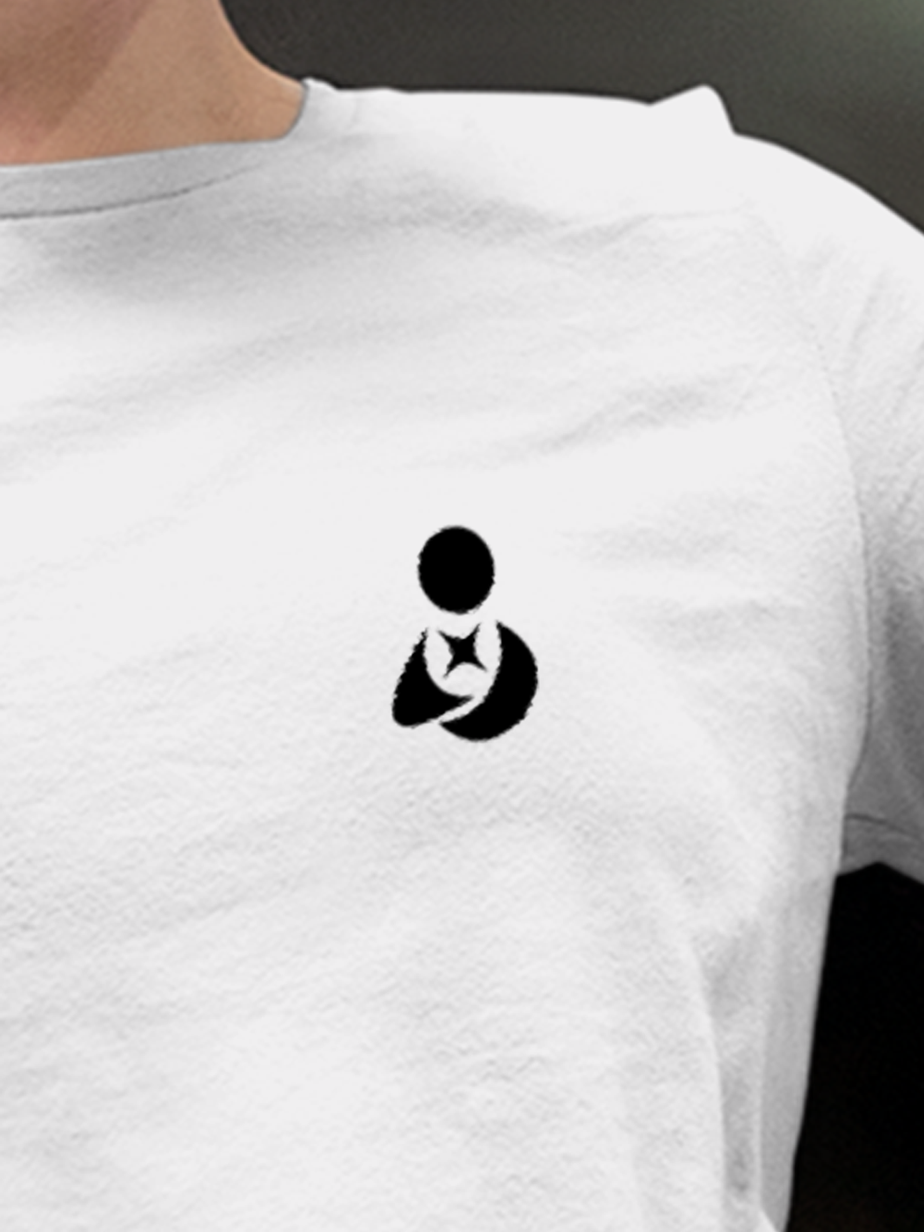 Close up of 'Fighterhero Logo' on Women's White Round Neck T-shirt, highlighting intricate details and vibrant print.