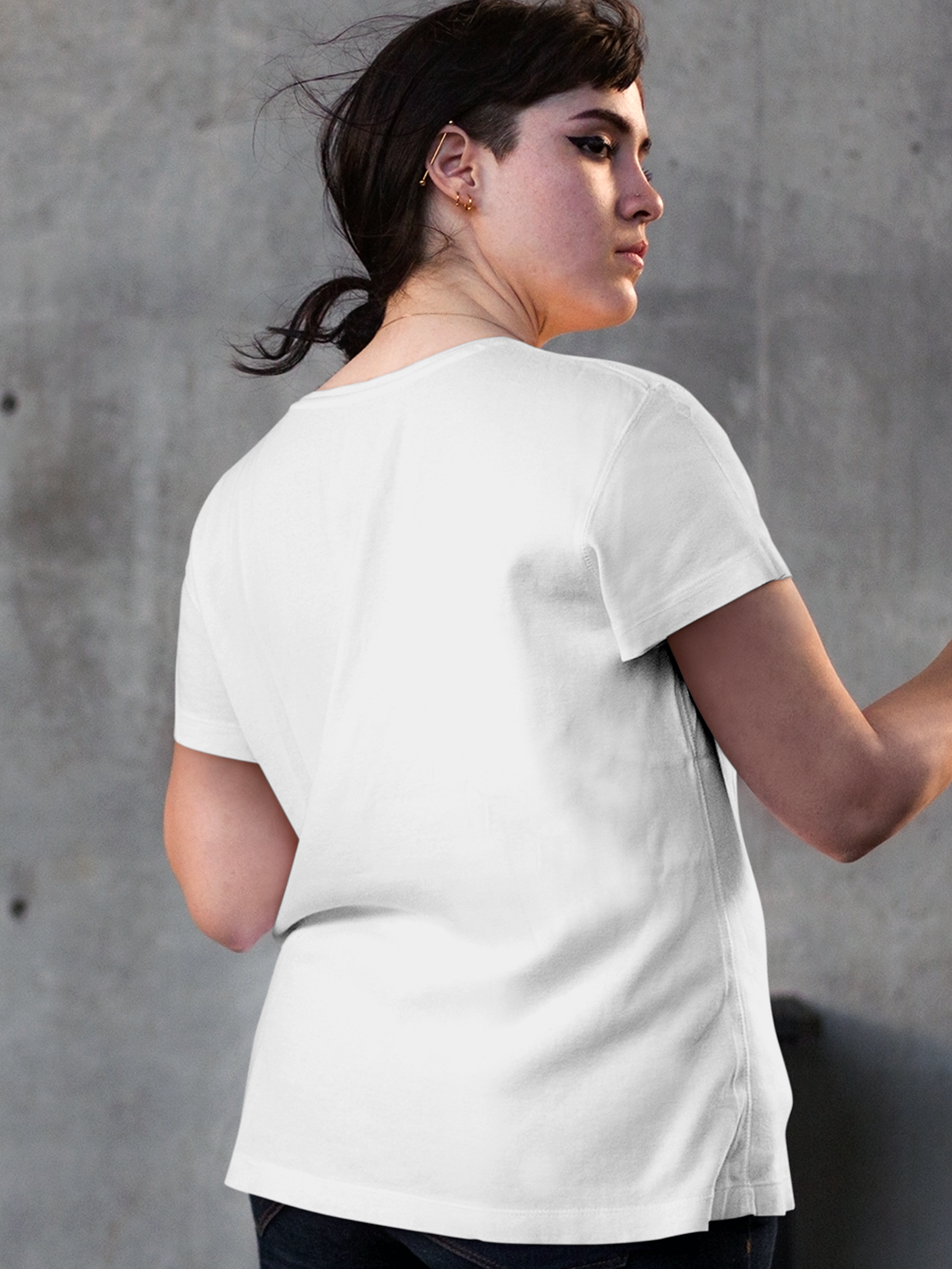 Back view of Fighterhero Women's White Round Neck T-shirt, highlighting the modern look and clean finish