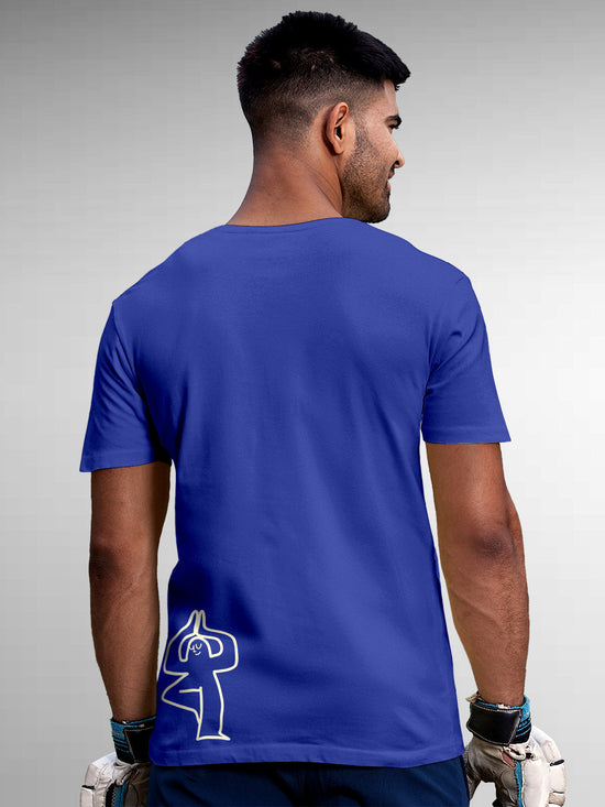 Fighterhero T-shirts: Model wearing Men's Blue Round Neck T-shirt with 'Balance Is A Decision' design