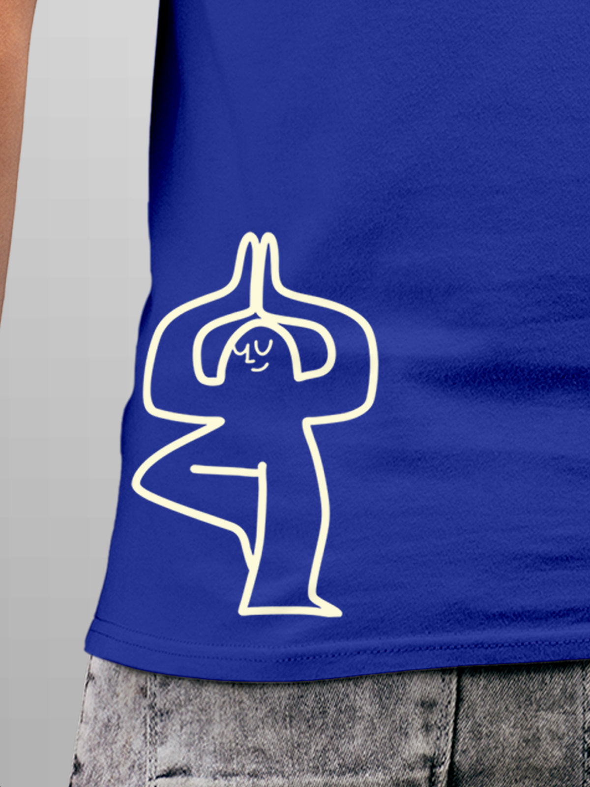 Close up of 'Balance Is A Decision' design on Men's Blue Round Neck T-shirt, highlighting intricate details and vibrant print.