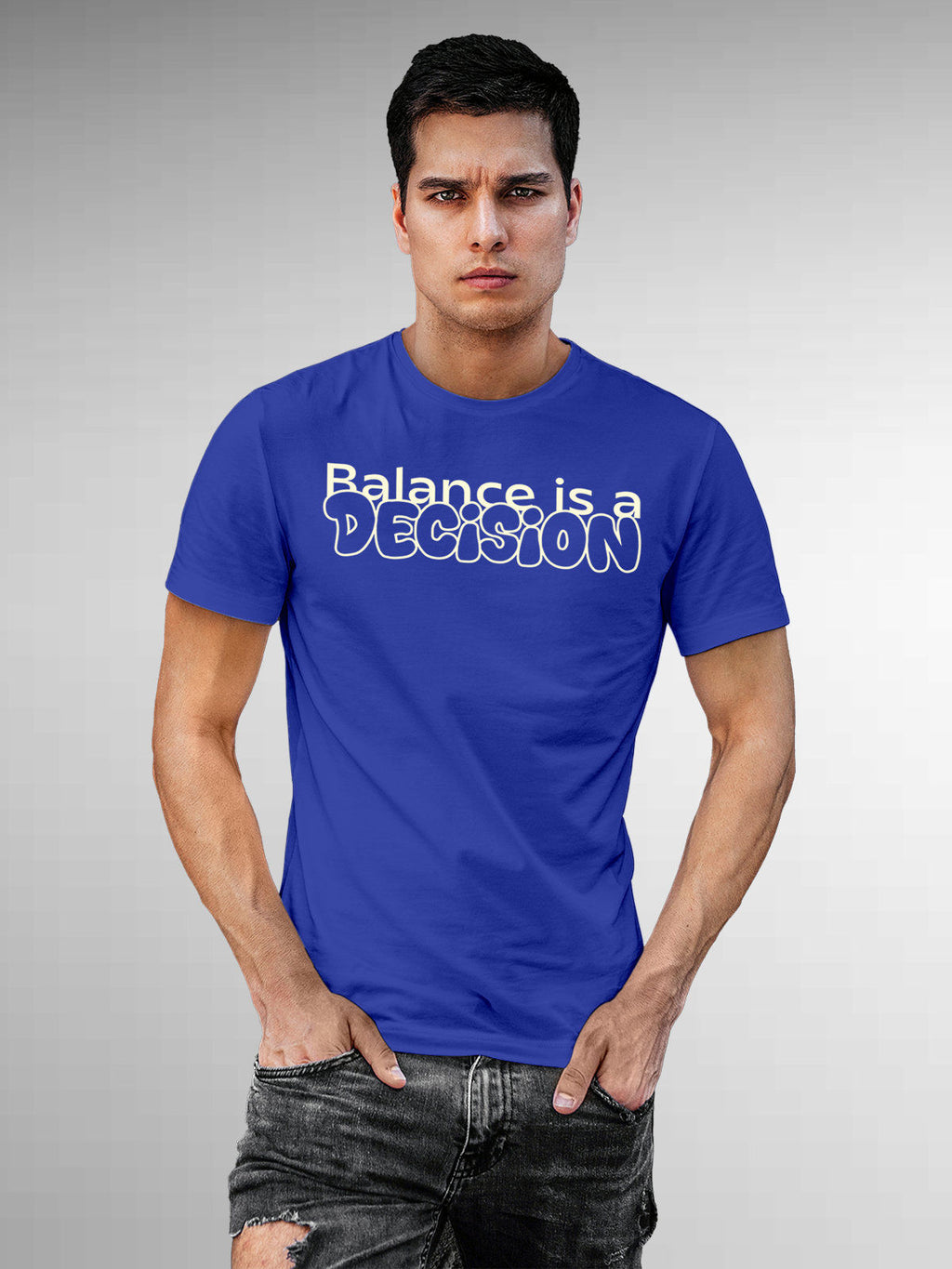 Front view of Fighterhero Men's Blue Round Neck T-shirt, highlighting the 'broken chains' design on the chest.