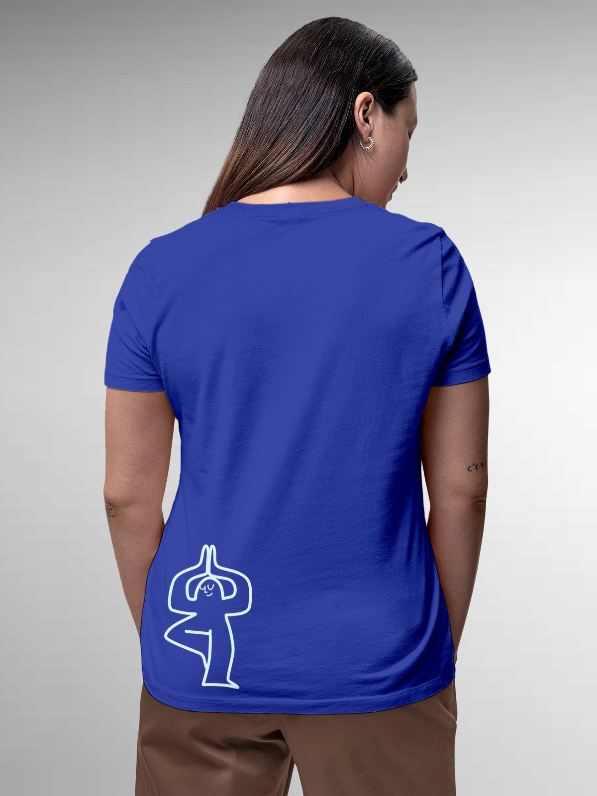 Model wearing Women's Blue Round Neck T-shirt with 'Balance Is A Decision' design, offering effortless style and premium comfort