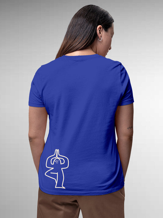 Fighterhero T-shirts: Model wearing Women's Blue Round Neck T-shirt with 'Balance Is A Decision' design