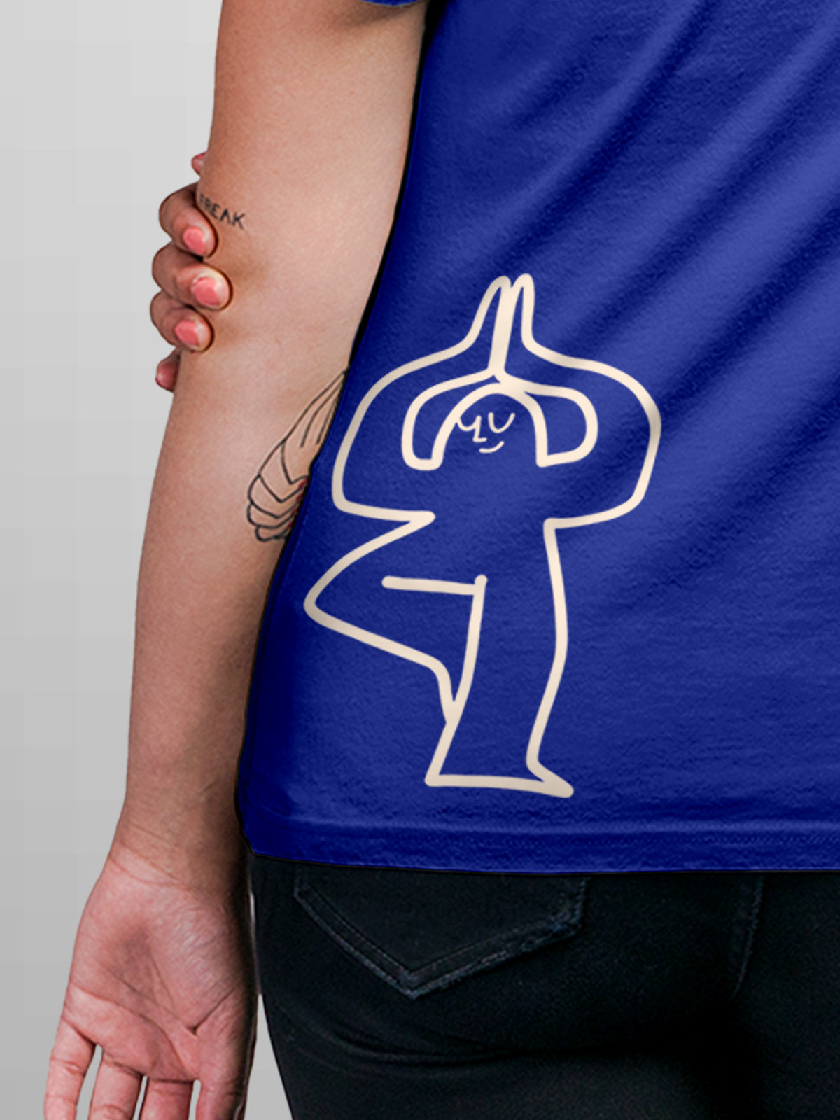 Close up of 'Balance Is A Decision' design on Women's Blue Round Neck T-shirt, highlighting intricate details and vibrant print.