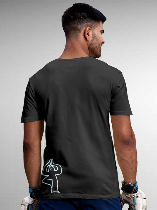 Fighterhero T-shirts: Model wearing Men's Dark Grey Round Neck T-shirt with 'Balance Is A Decision' design