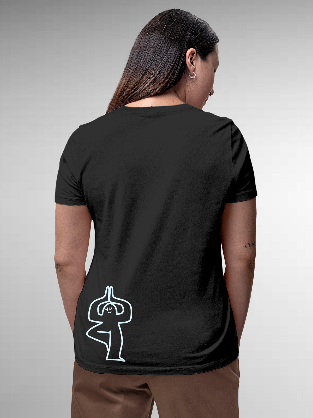 Fighterhero T-shirts: Model wearing Women's Dark Grey Round Neck T-shirt with 'Balance Is A Decision' design