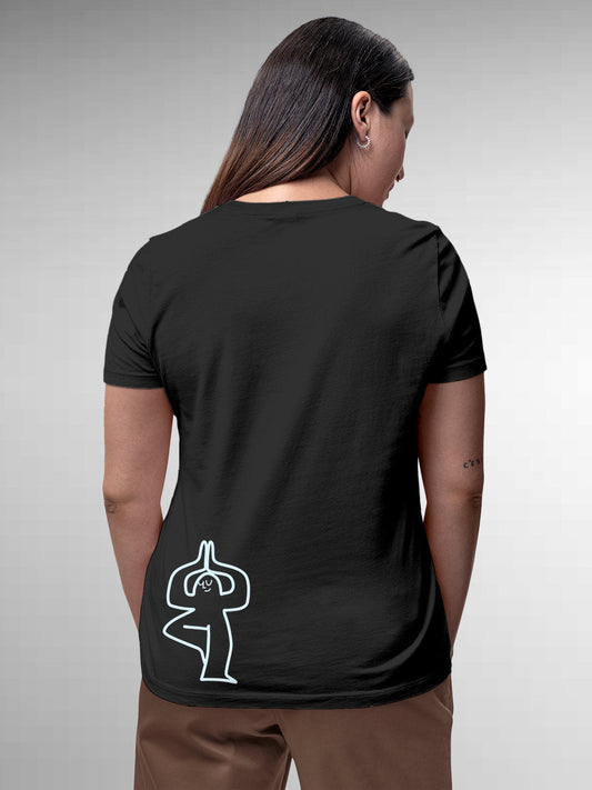 Fighterhero T-shirts: Model wearing Women's Dark Grey Round Neck T-shirt with 'Balance Is A Decision' design