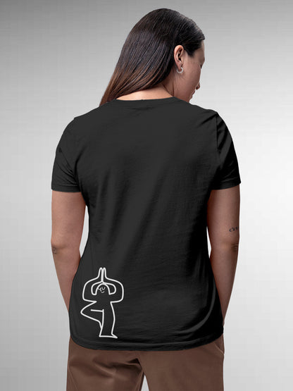 Model wearing Women's Dark Grey Round Neck T-shirt with 'Balance Is A Decision' design, offering effortless style and premium comfort