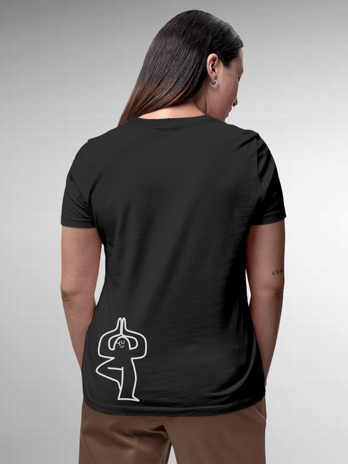 Model wearing Women's Dark Grey Round Neck T-shirt with 'Balance Is A Decision' design, offering effortless style and premium comfort