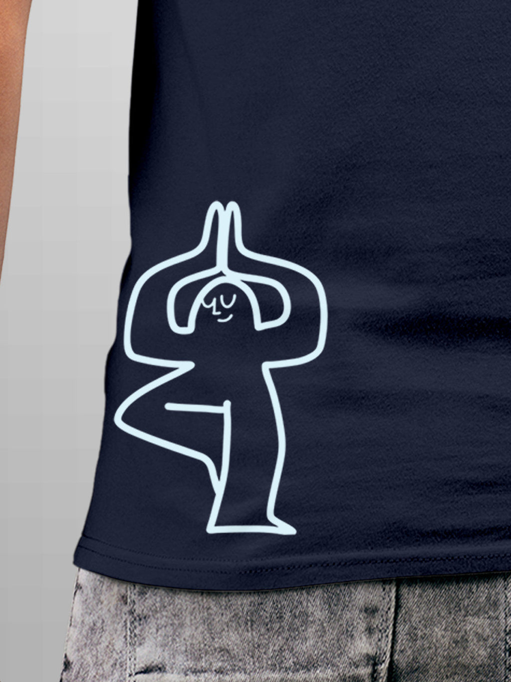 Close up of 'Balance Is A Decision' design on Men's Navy Blue Round Neck T-shirt, highlighting intricate details and vibrant print.