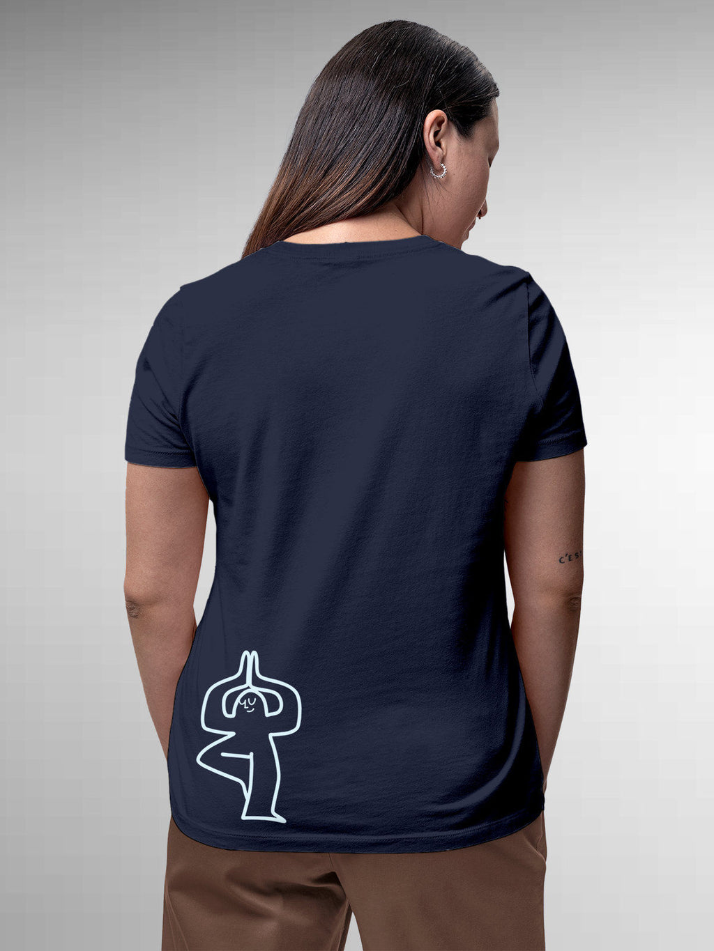 Model wearing Women's Navy Blue Round Neck T-shirt with 'Balance Is A Decision' design, offering effortless style and premium comfort
