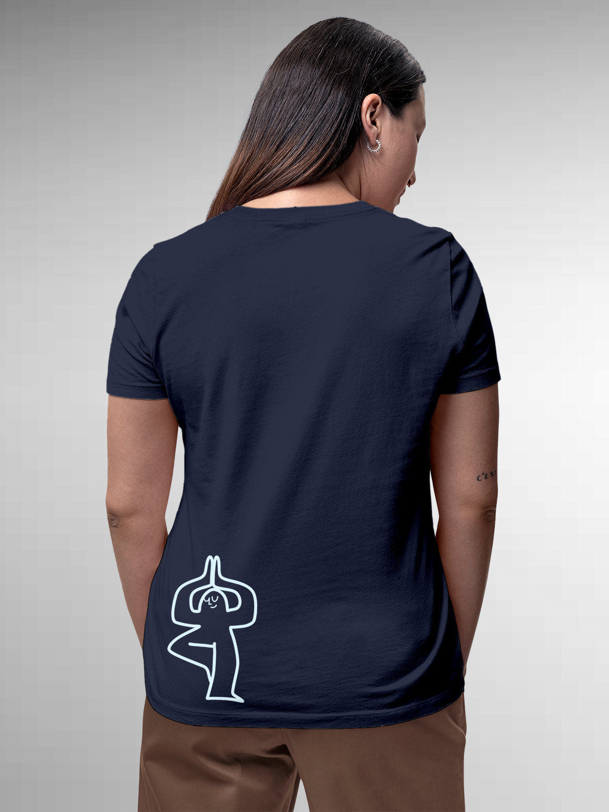 Model wearing Women's Navy Blue Round Neck T-shirt with 'Balance Is A Decision' design, offering effortless style and premium comfort