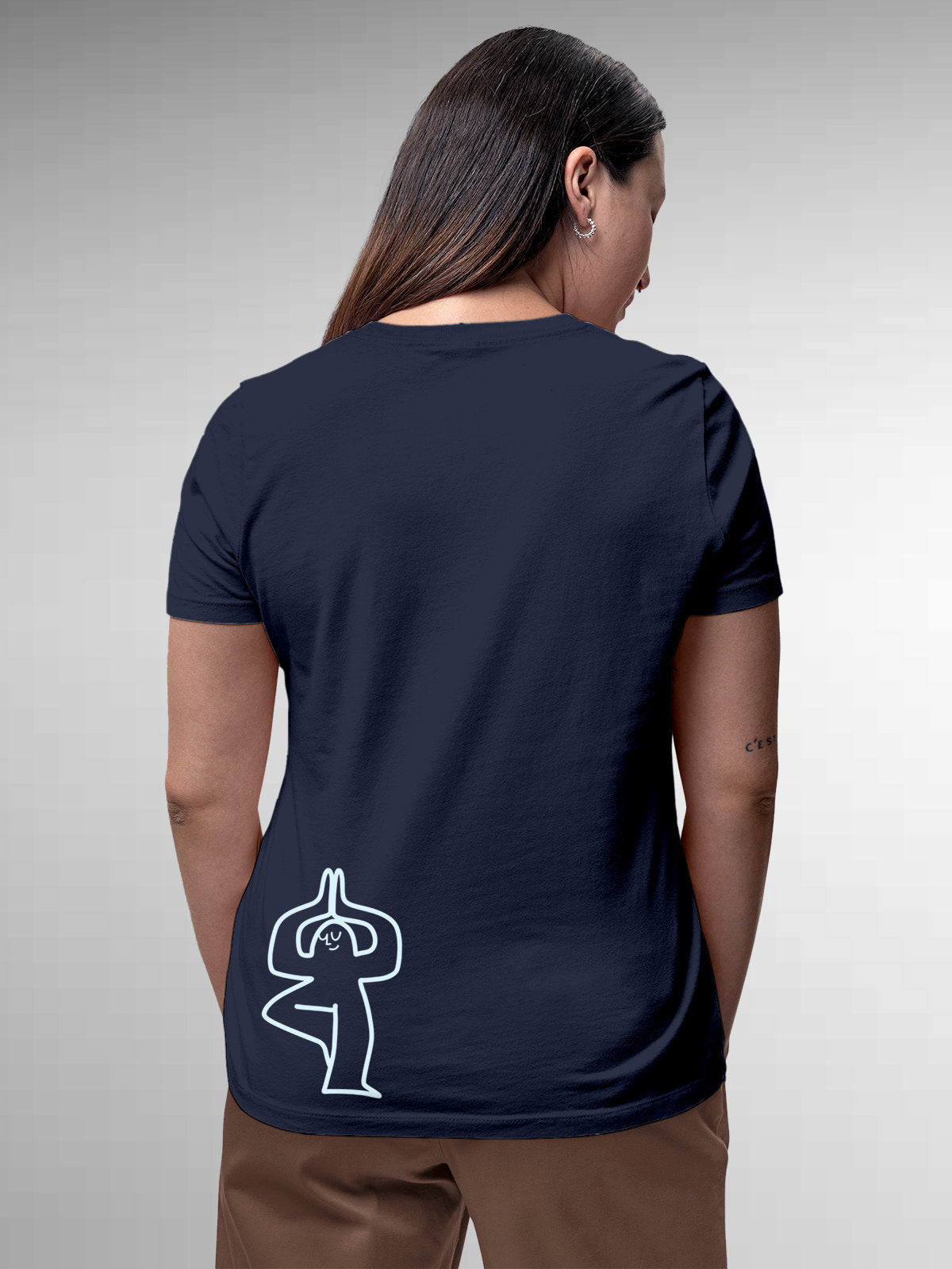 Model wearing Women's Navy Blue Round Neck T-shirt with 'Balance Is A Decision' design, offering effortless style and premium comfort