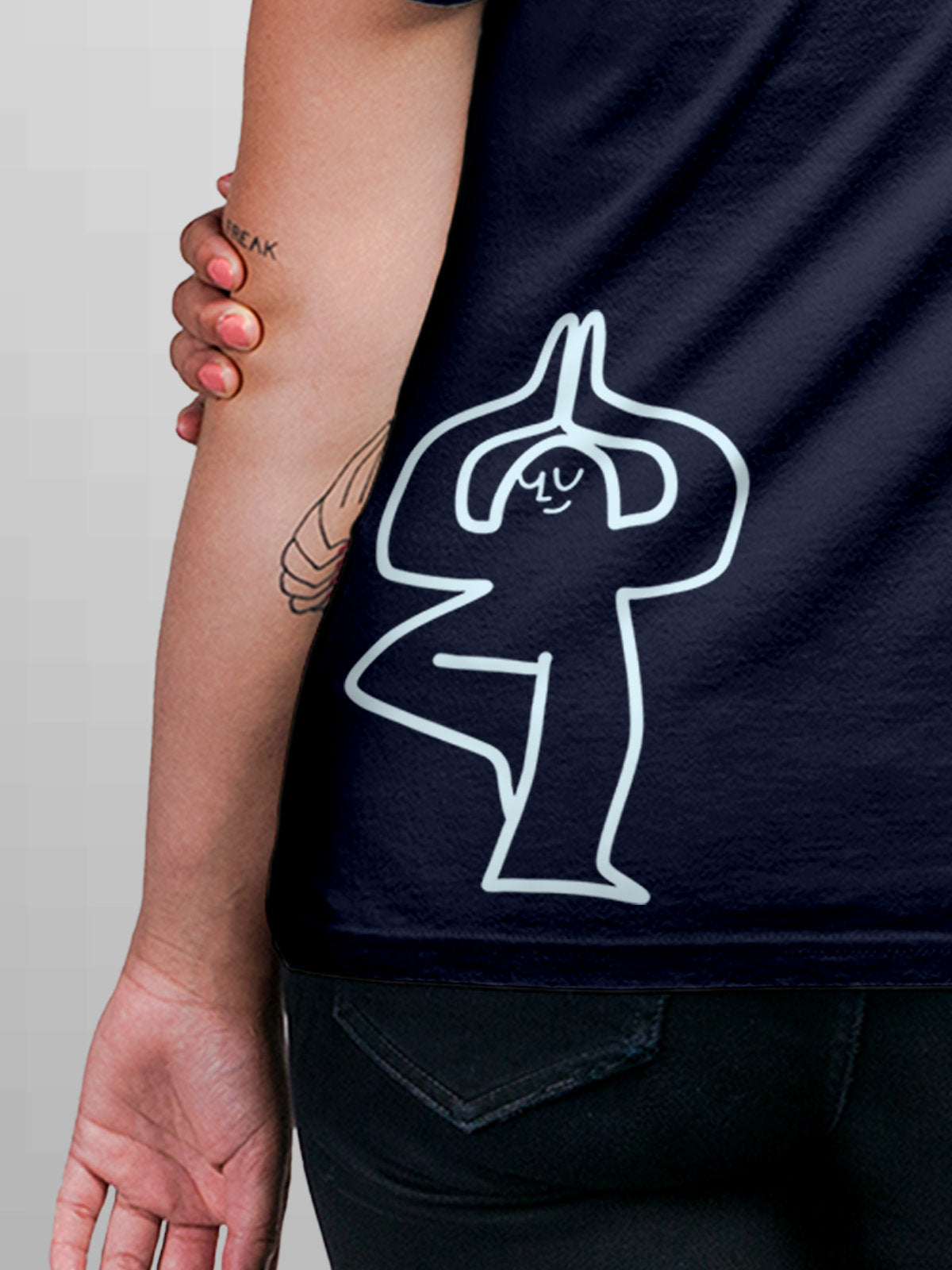 Close up of 'Balance Is A Decision' design on Women's Navy Blue Round Neck T-shirt, highlighting intricate details and vibrant print.