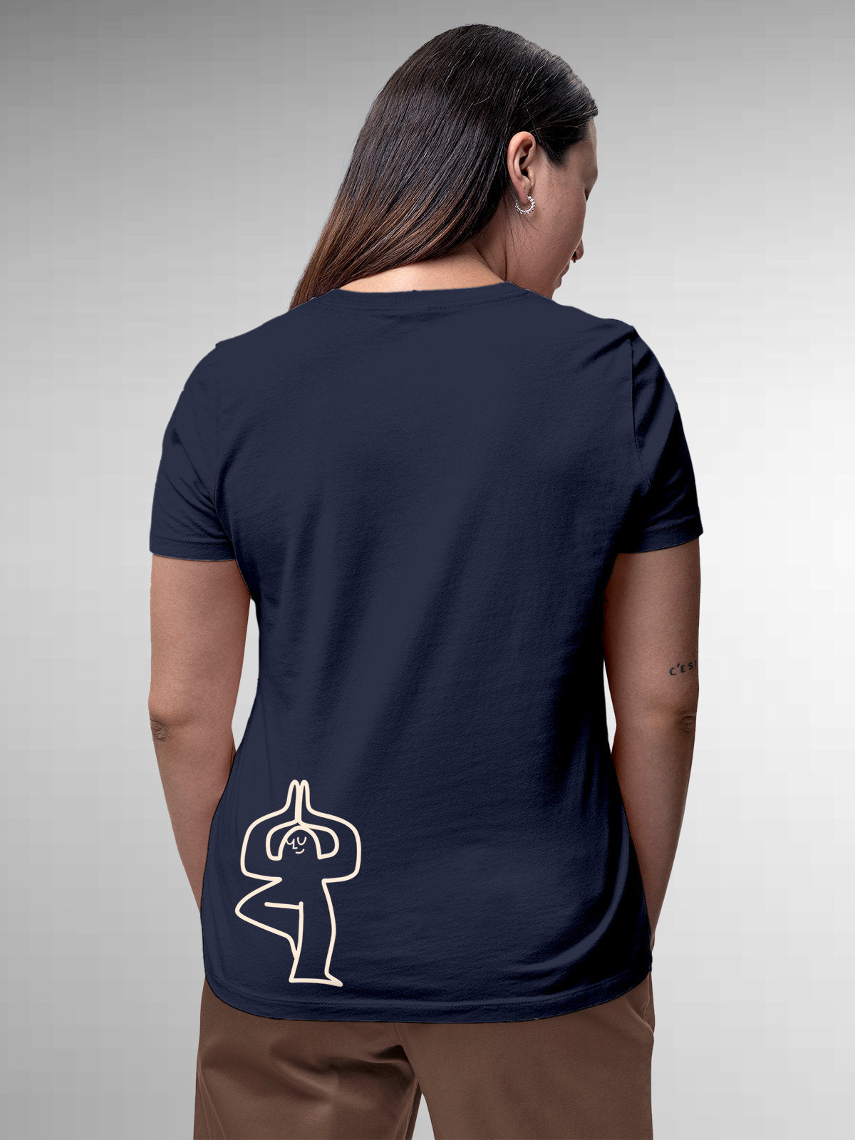 Model wearing Women's Navy Blue Round Neck T-shirt with 'Balance Is A Decision' design, offering effortless style and premium comfort