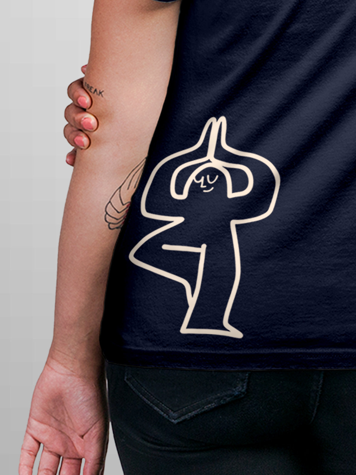 Close up of 'Balance Is A Decision' design on Women's Navy Blue Round Neck T-shirt, highlighting intricate details and vibrant print.