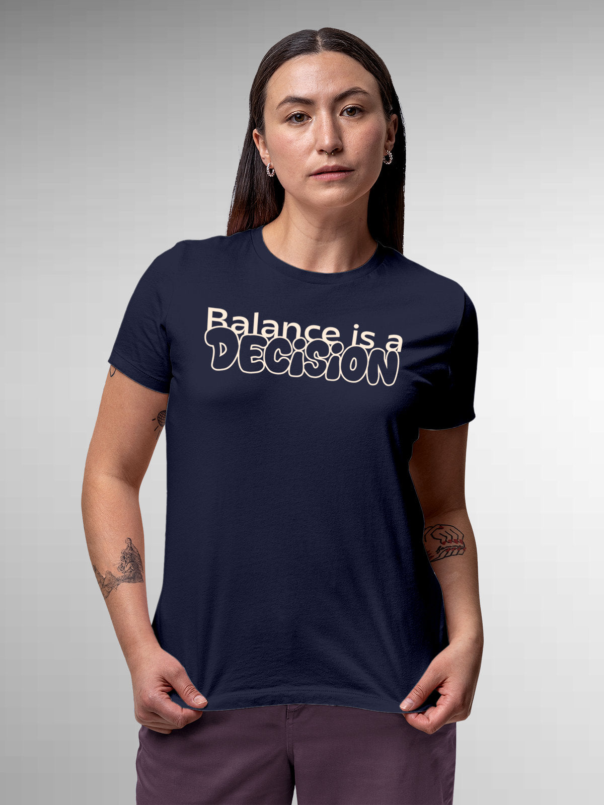Front view of Fighterhero Women's Navy Blue Round Neck T-shirt, highlighting the motivational design printed on the chest.
