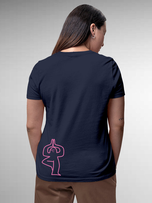Fighterhero T-shirts: Model wearing Women's Navy Blue Round Neck T-shirt with 'Balance Is A Decision' design
