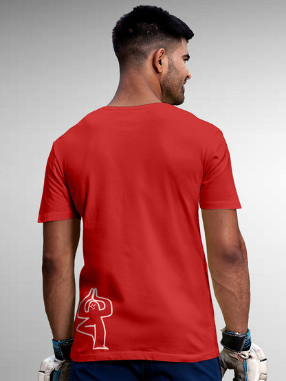 Model wearing Men's Red Round Neck T-shirt with 'Balance Is A Decision' design, offering effortless style and premium comfort