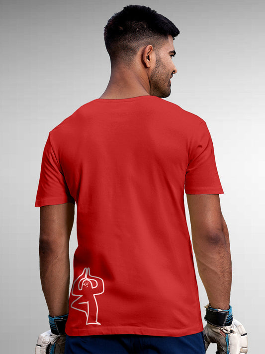 Model wearing Men's Red Round Neck T-shirt with 'Balance Is A Decision' design, offering effortless style and premium comfort